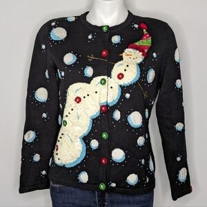 Vintage Berek black white snowman winter holiday Christmas cardigan sweater M